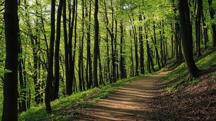 Fototapeta premium Walkway in a green spring beech forest beautiful, landscape