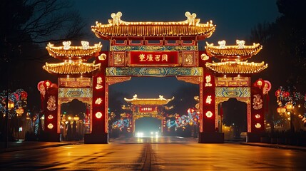 Fototapeta premium Illuminated Chinese Gate in Winter Nightscape Winter Lantern Serenity Illuminated Oriental Gateways Festive Chinese Nightscapes