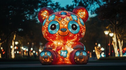 Fototapeta premium Illuminated Bull Sculpture in Urban Nightscape Illuminated Modern Sculptures Artistic Light Installations Urban Contemporary Art Displays