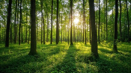 Serene sunlit forest with lush green undergrowth, peaceful woodland landscape