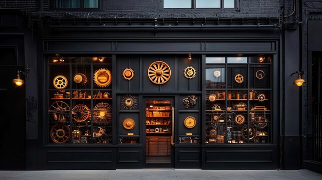 Steampunkthemed gift shop facade with brass gears, vintage lighting, and bold industrial decor, Gift Shop, Steampunk Vibes