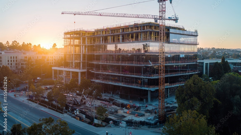 Poster sunset view of modern office building under construction with crane.