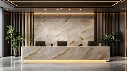 Luxury Hotel Reception Desk: Modern Marble and Wood Design