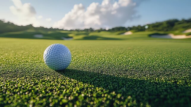 Close-up white golf ball on green course on blurred beautiful landscape of golf course in bright day time