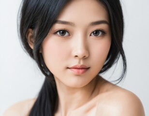 Obraz premium Portrait of a beautiful young Asian woman with fresh clean skin and long thick black hair