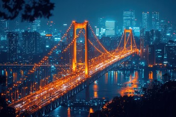 Futuristic cityscape background, bridge, blue night scene, gold city, finance, shinning effect, globalize