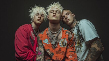 Fototapeta premium stylish individuals in vibrant, punk-inspired outfits and accessories, standing confidently against bold yellow and pastel backgrounds.