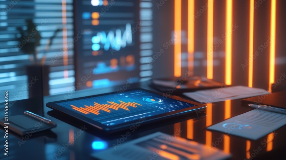 Poster Tablet displaying financial data on a modern desk with documents and glowing orange lines in the background.