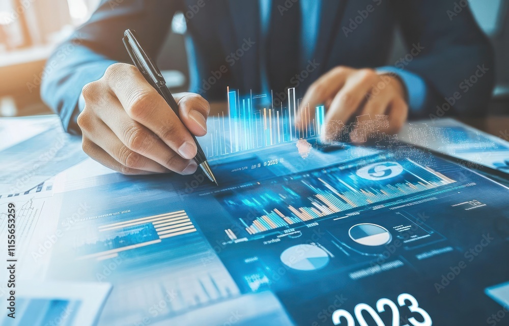 Aufkleber businessman analyzing financial data and charts on a digital tablet in 2023.