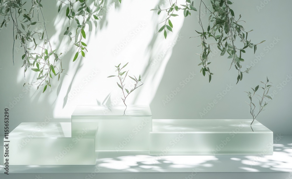 Poster minimalist product display with frosted glass podiums and olive branches casting shadows.