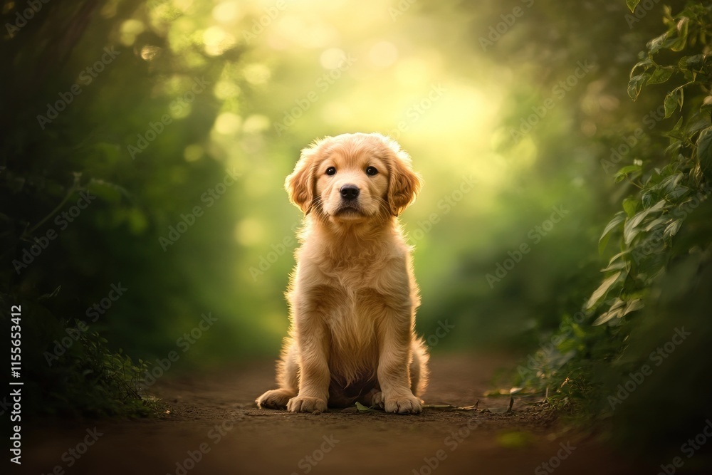Poster golden retriever puppy sitting on path in sunlit forest.