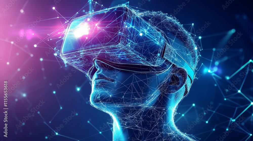 Poster virtual reality hologram. composed polygons, triangles, and lines, forming a low-poly structure. a n