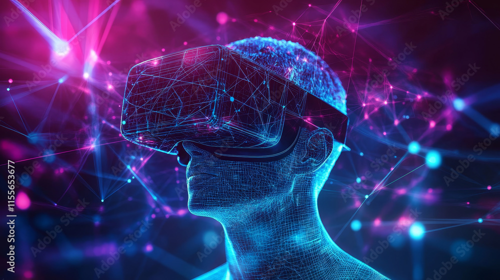 Poster virtual reality hologram. composed polygons, triangles, and lines, forming a low-poly structure. a n