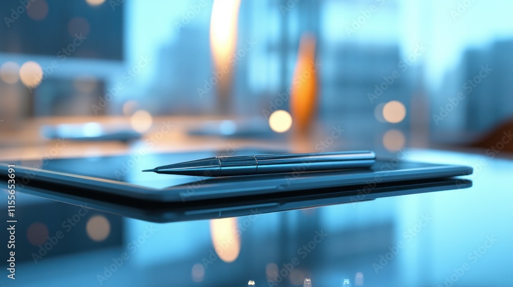 Poster tablet and pen on a reflective surface in a modern office.