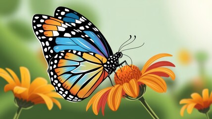 Fototapeta premium A butterfly with vivid blue and orange wings perched on a vibrant flower in a lush forest