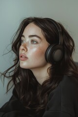 Woman with noise-canceling headphones sitting in a clean room