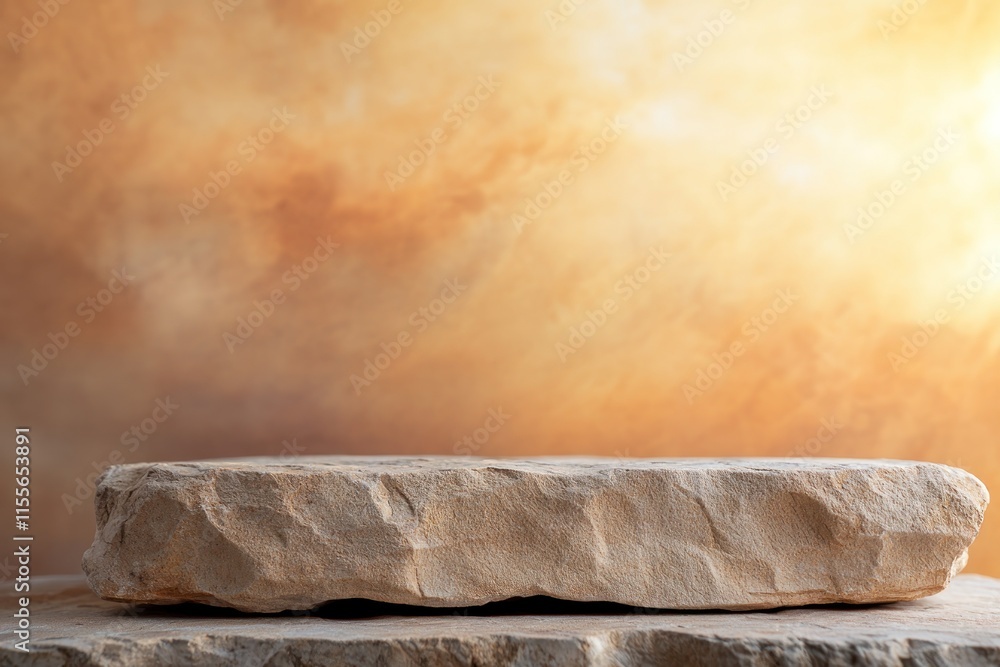 Poster Rough stone platform against a warm, hazy background.