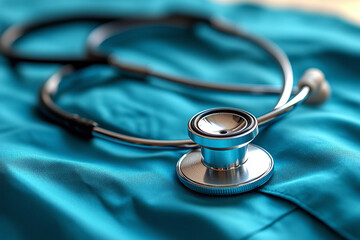 A stethoscope is placed on a teal fabric, representing the medical field and healthcare practices. Generative AI