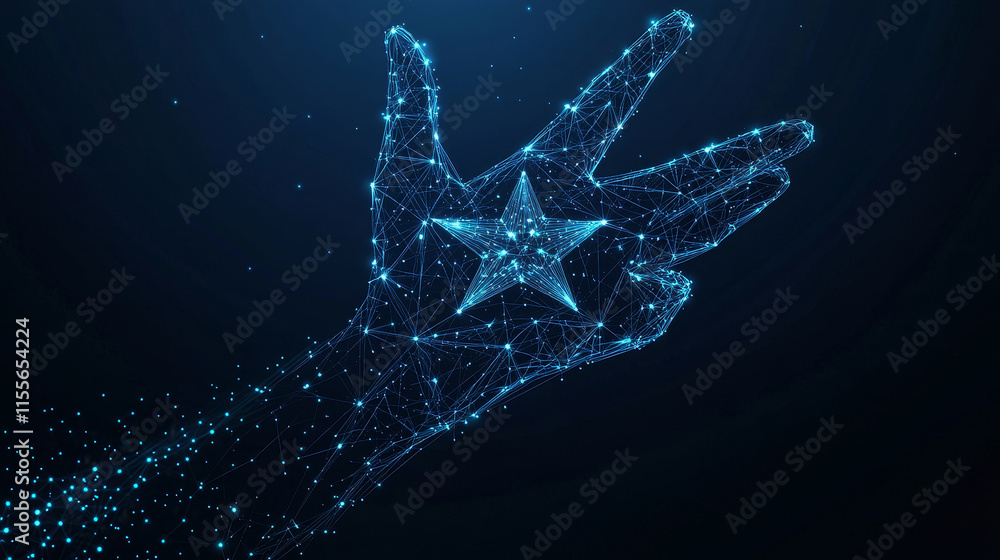 Poster hand with star hologram made of polygons and lines. a low-poly structure symbolizing connection and 