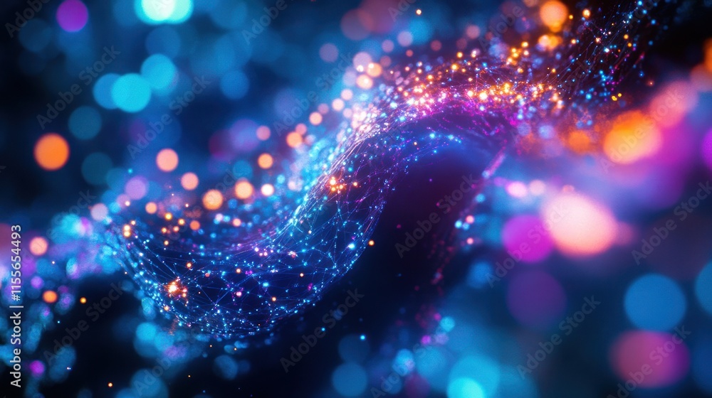 Poster Abstract swirling neon particles with bokeh lights.