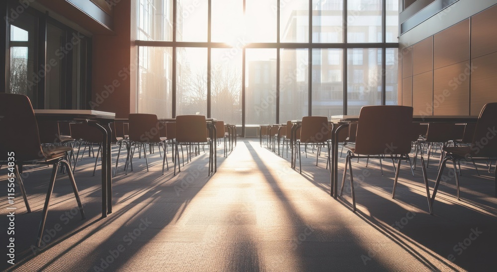 Poster sunlit modern conference room with empty chairs and tables.