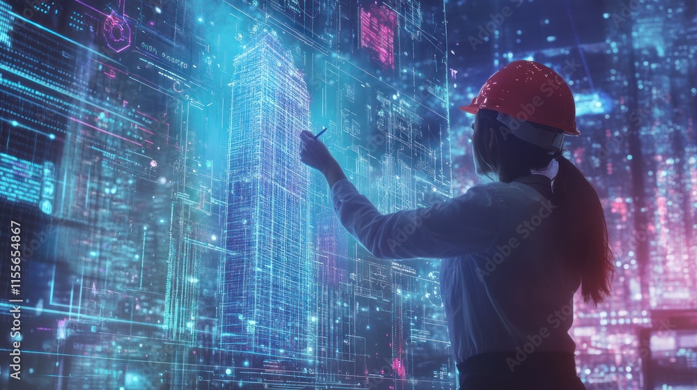 Fototapete architect designing futuristic building using holographic interface.