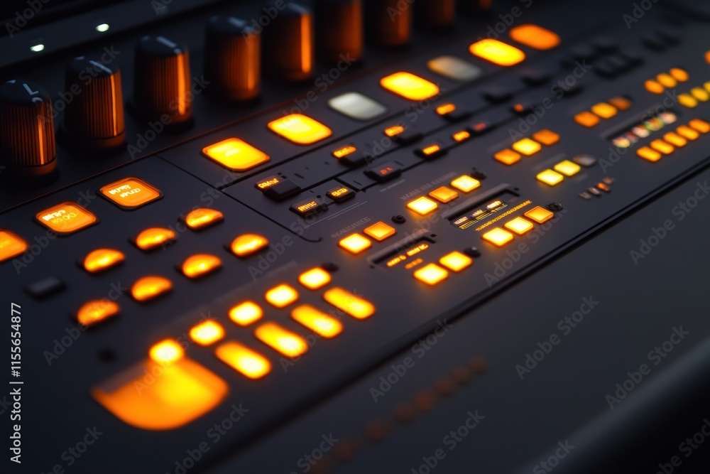 Poster Close-up of illuminated synthesizer control panel with knobs and buttons.