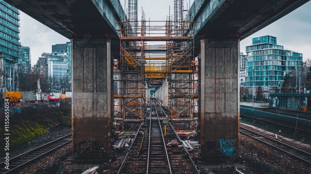 Poster urban railway underpass construction site with scaffolding and city buildings in background.