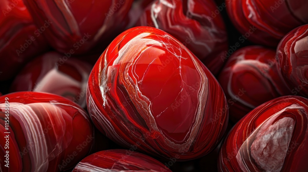 Poster close-up of polished red stones with swirling patterns.