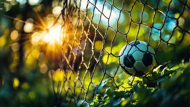 Sunlight illuminating a soccer ball nestled in a net among green foliage during the evening