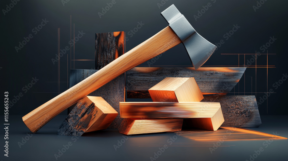 Poster firewood and axe hologram, designed with polygons and lines. low-poly structure showcasing tradition