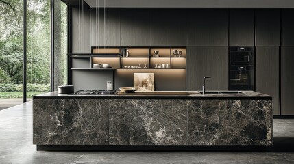 Modern dark kitchen interior with marble island, built-in appliances, and large windows.