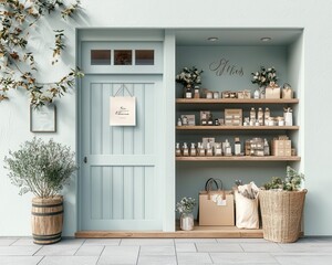 Boutique gift shop exterior with pastel colors, wooden accents, and inviting atmosphere, Gift Shop, Boutique Elegance