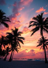 Beach Wallpaper of Coconut palm trees silhouettes on tropical beach during vivid sunset with colorful sky beach wallpaper Ultra realistic Photorealistic 