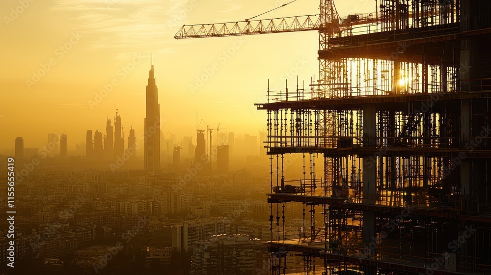 Aufkleber sunset cityscape with skyscraper under construction.