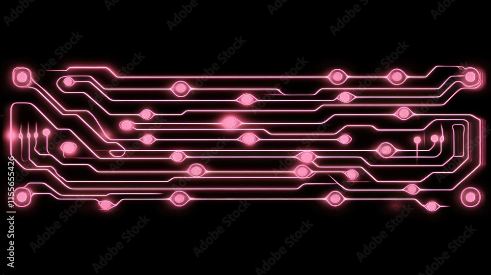 Poster abstract pink glowing circuit board lines and nodes on black background.