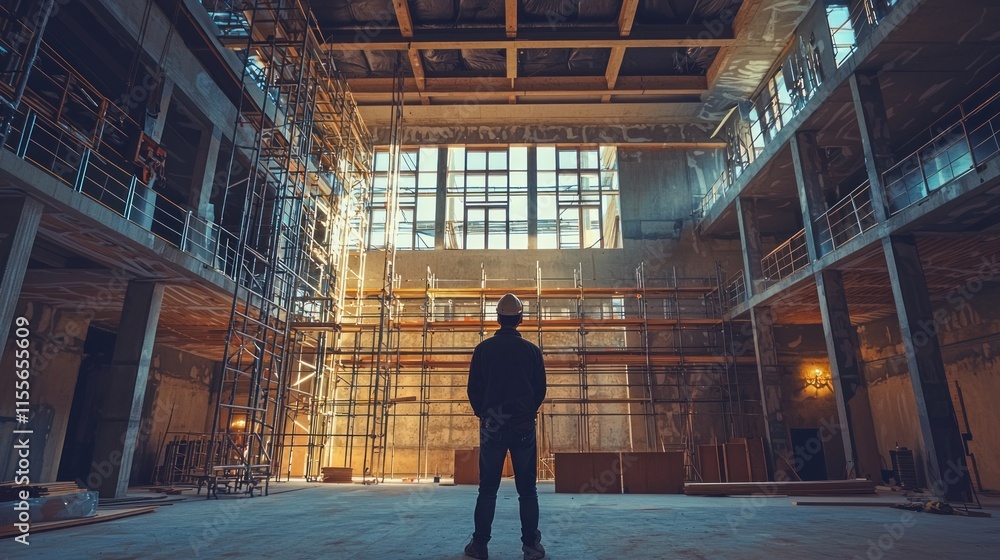 Poster construction worker in large unfinished building, observing progress.