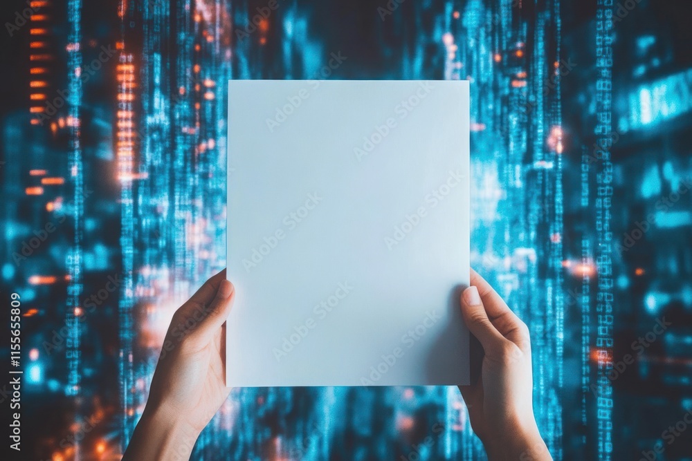 Poster hands holding blank paper against digital code background.