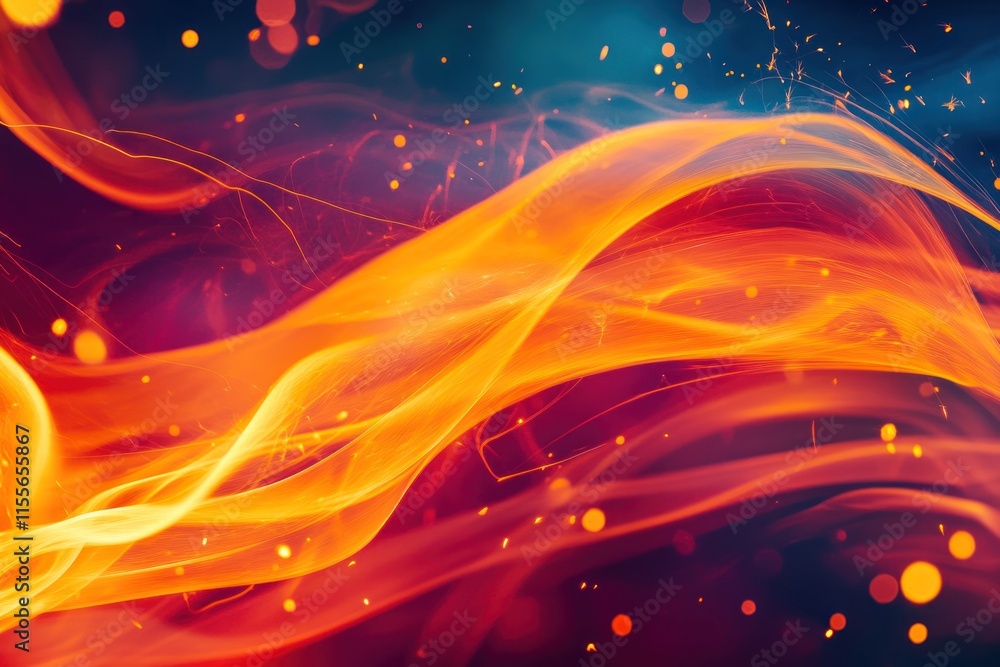 Poster Abstract fiery orange and red wave with sparks and bokeh on dark background.
