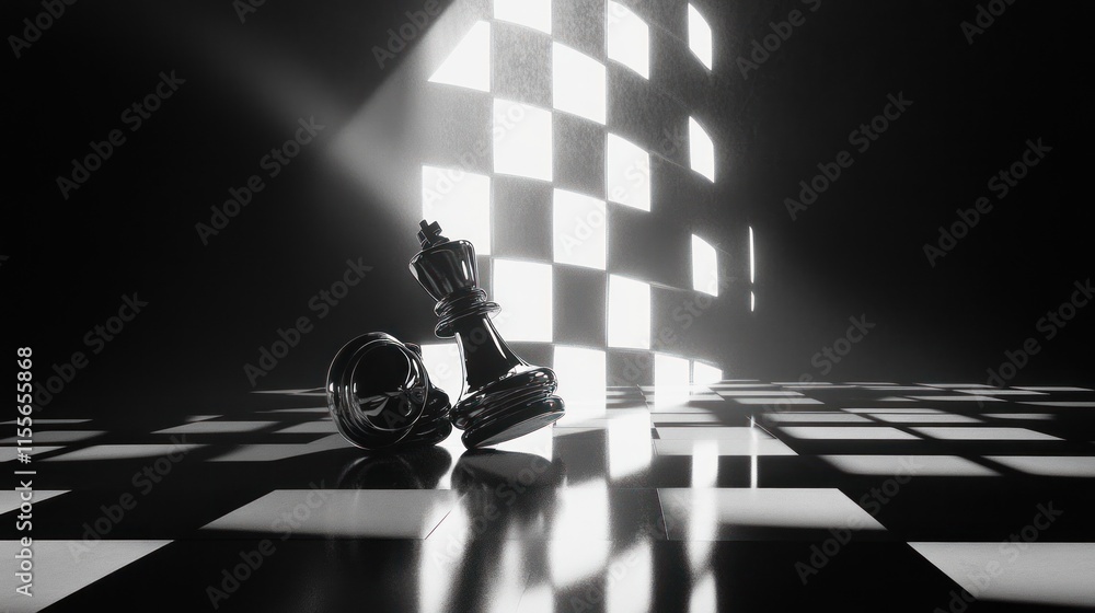 Poster fallen king chess piece on reflective checkered surface with illuminated background.
