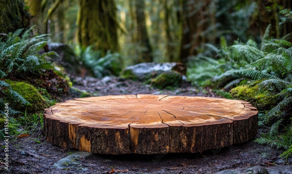 Aufkleber Rustic wooden slice display on forest path.