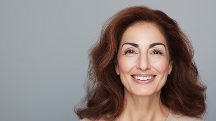 Naklejka premium Mature woman with brown wavy hair beige sweater gray background. Beauty aging skincare advertisement