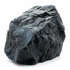 Large black rock with a rough, textured surface sits isolated on a white background, creating a stark contrast