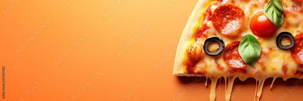 Aufkleber colorful pizza slice with cheese drips and stylized toppings on a minimalist orange background. gene