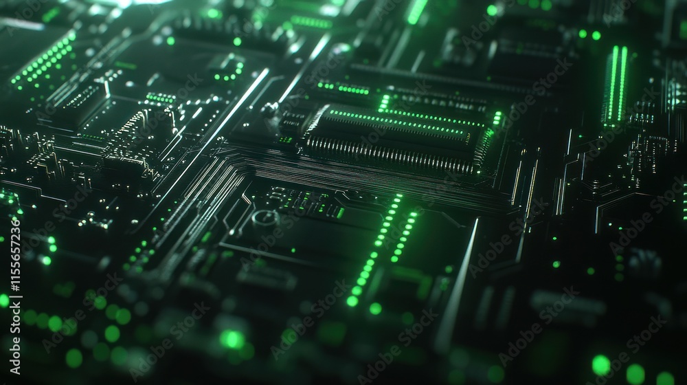 Poster abstract close-up of glowing green circuit board.