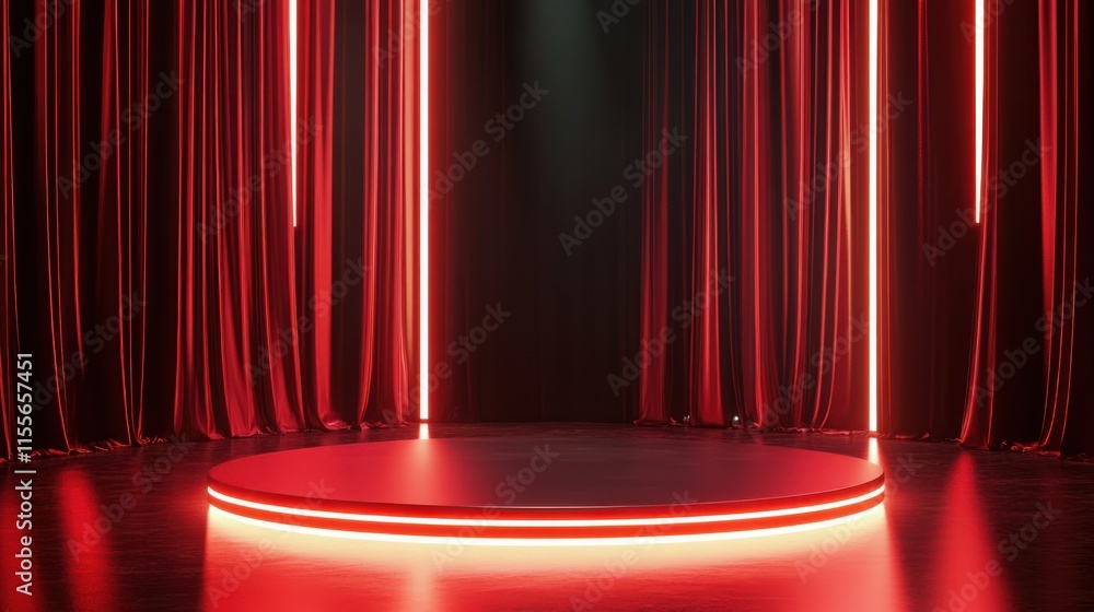 Poster red neon lights illuminate a circular stage with dark red curtains.