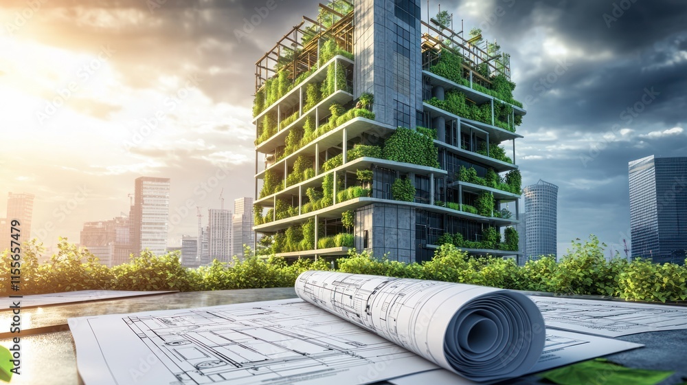 Poster green eco-friendly skyscraper design with blueprints.
