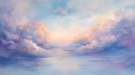 Obraz premium Serene Horizon with Soft Pastel Clouds and Gentle Reflections Over Calm Waters During a Tranquil Sunrise Surrounded by Ethereal Atmospheric Beauty
