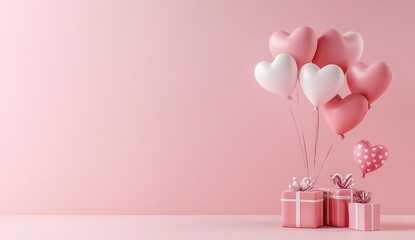 3D rendering of a Valentines Day background. Hearts and Gifts