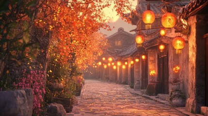 Sunset view of a quaint Asian village street with traditional architecture, autumn foliage, and glowing lanterns.
